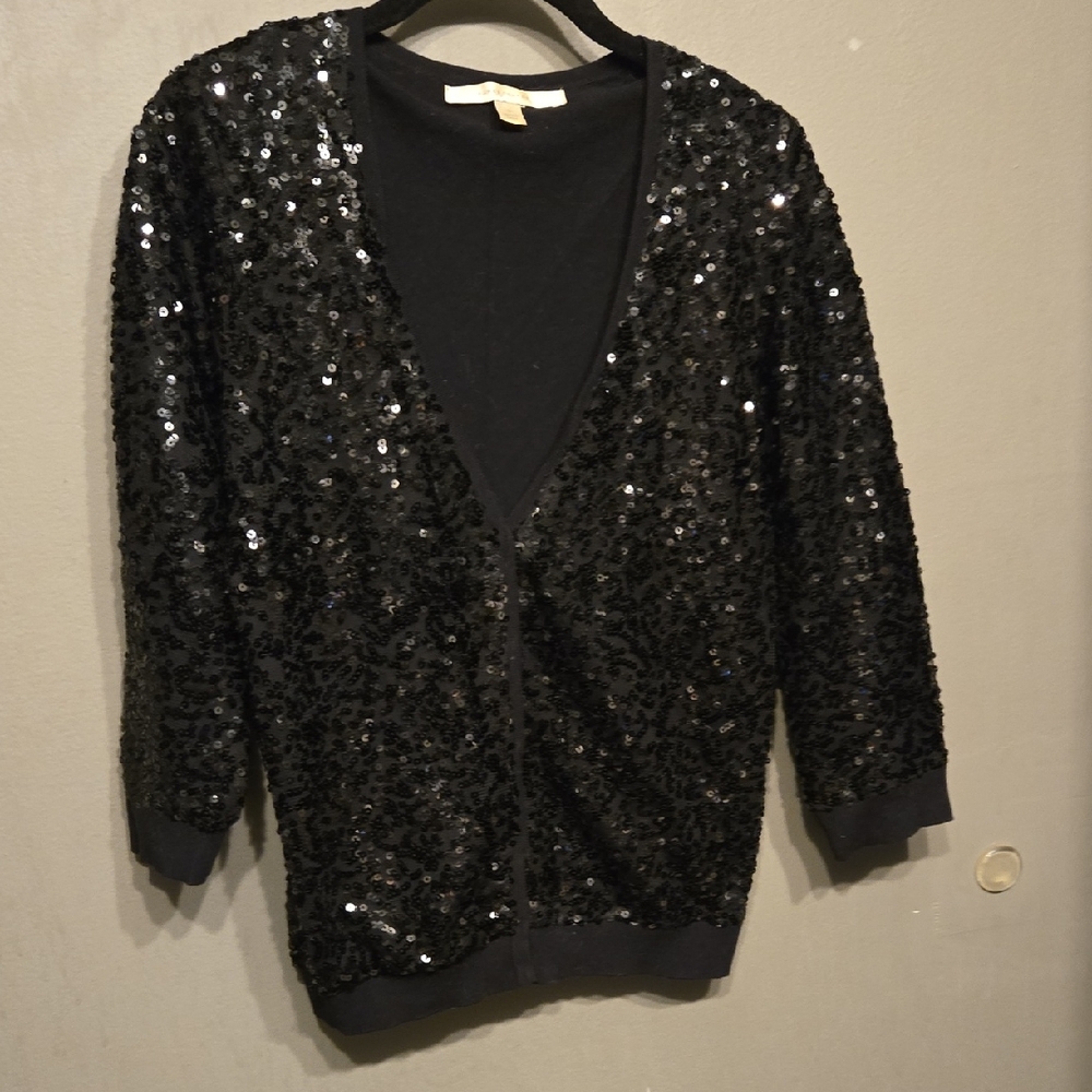 LC Lauren Conrad Black Sequin V-Neck Sweater Cardigan Sz S